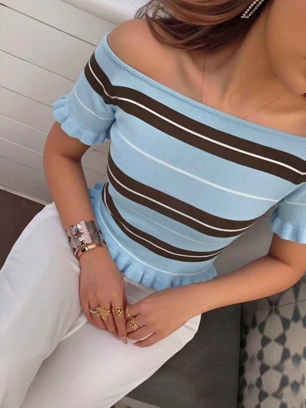 Blue Casual Women's Off-The-Shoulder Ruffled Striped Knit Short Sleeve Top - Picture 5 of 6